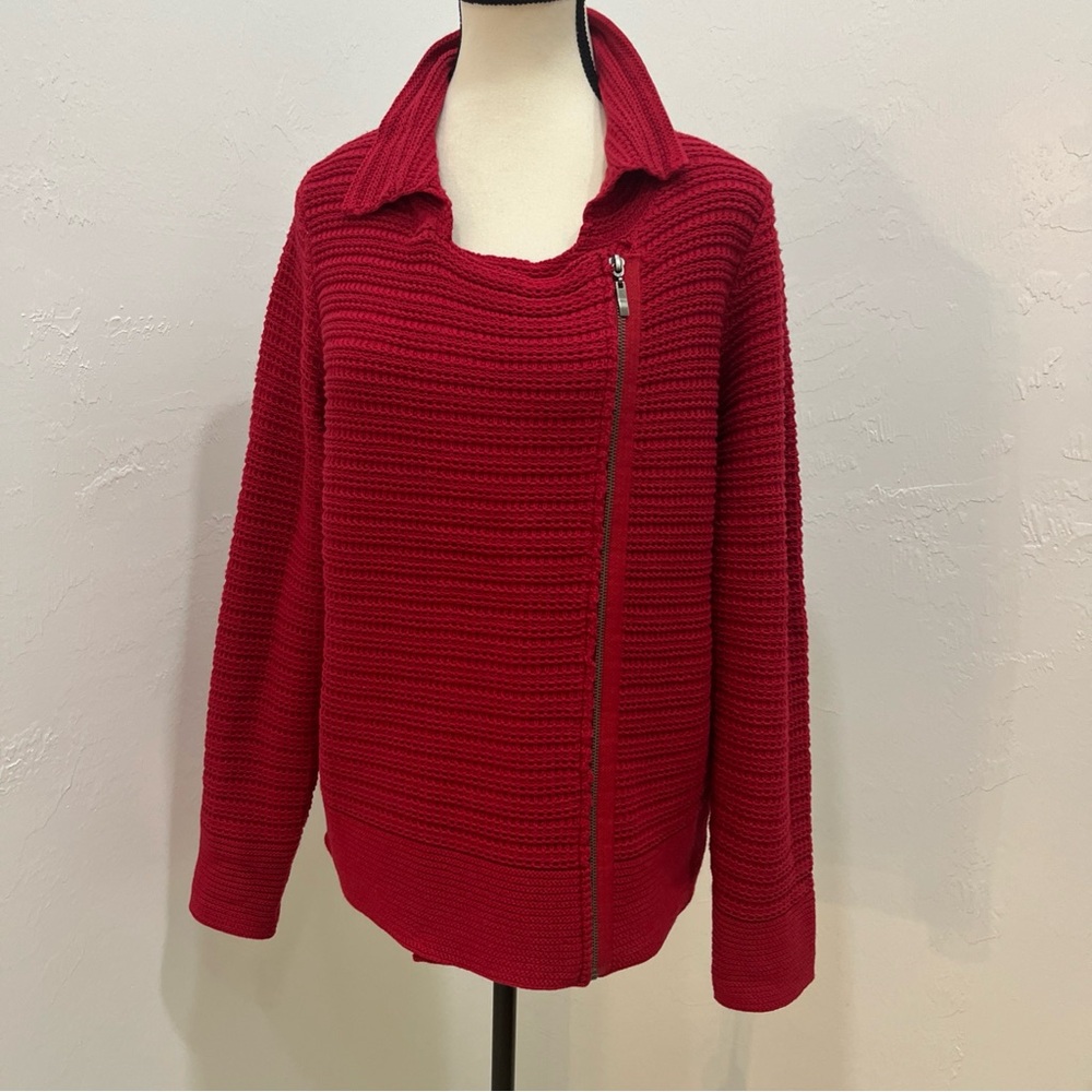Coldwater Creek Sport Asymmetrical Zip Knit Sweater Women L Red Moto Style